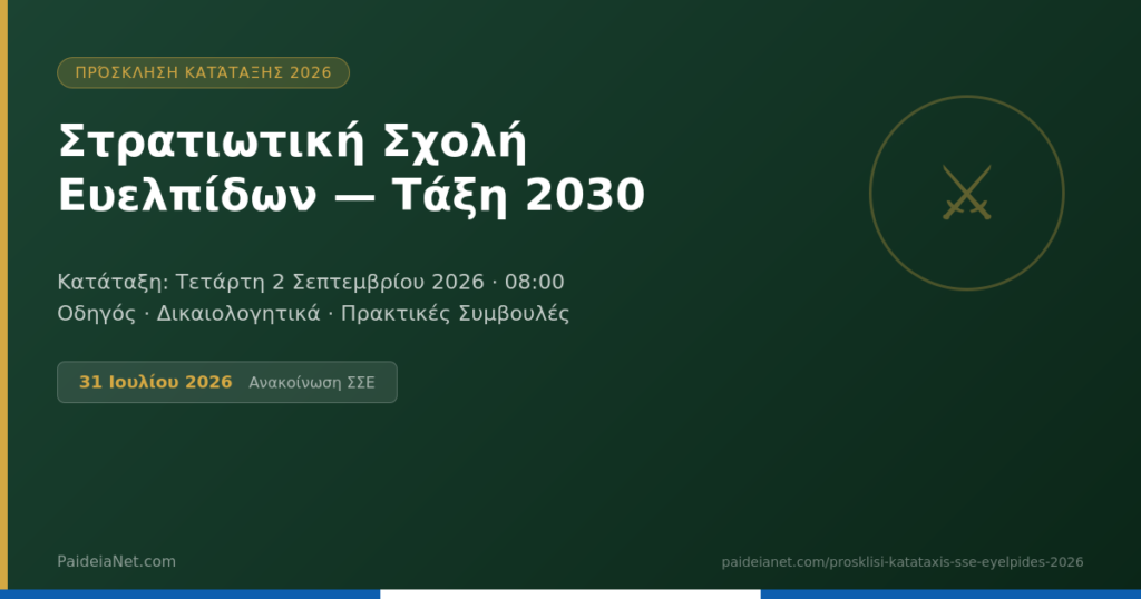 Πρόσκληση Κατάταξης Εισακτέων στη Στρατιωτική Σχολή Ευελπίδων — Τάξη 2030