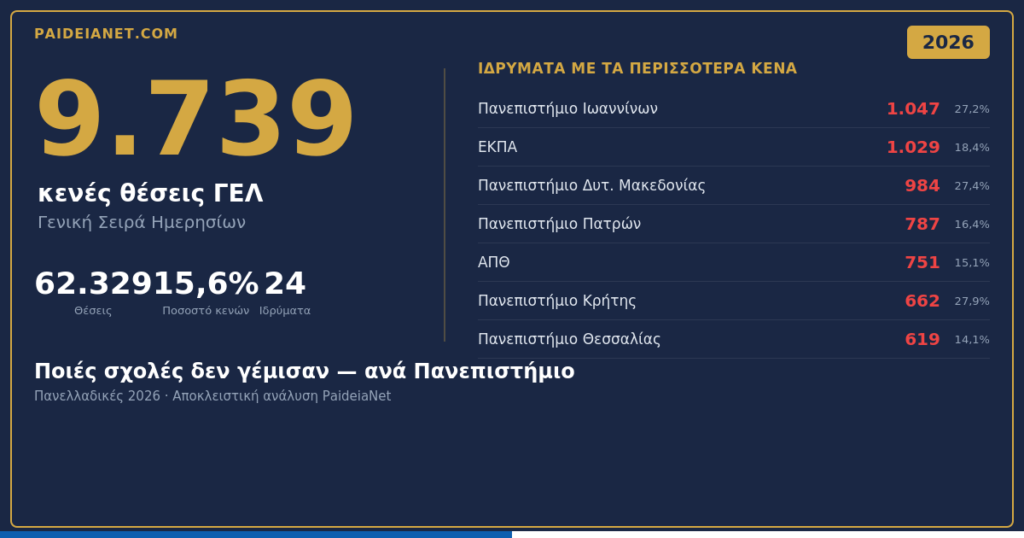 Κενές θέσεις ΓΕΛ 2026 ανά Πανεπιστήμιο