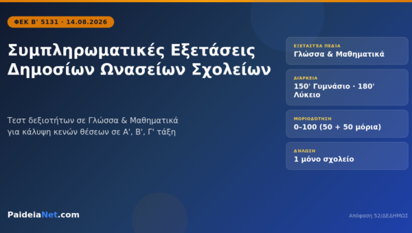 Συμπληρωματικές Εξετάσεις Δημοσίων Ωνασείων Σχολείων – Όλα Όσα Πρέπει να Ξέρετε (ΦΕΚ 5131/2026)