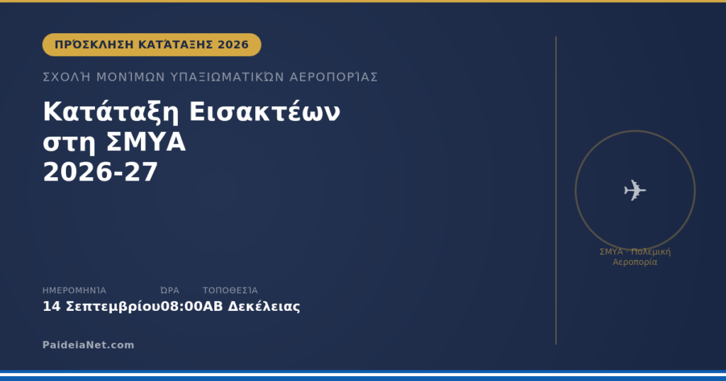 Πρόσκληση Κατάταξης Εισακτέων στη ΣΜΥΑ Ακαδημαϊκό Έτος 2026-27