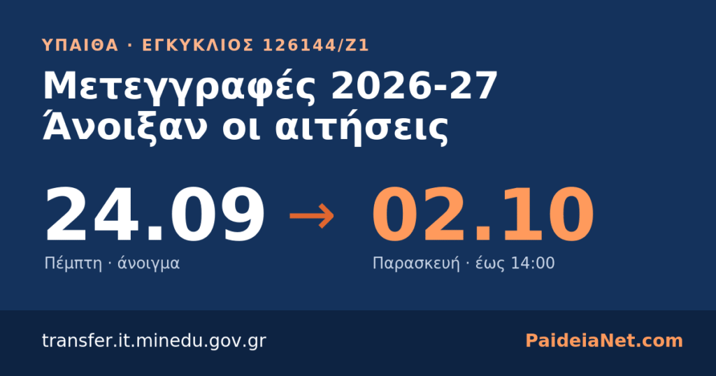 Μετεγγραφές 2026-27: Άνοιξαν οι αιτήσεις έως 2 Οκτωβρίου — Μόρια, αδέλφια, δικαιολογητικά
