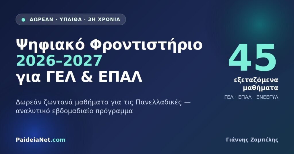 Ψηφιακό Φροντιστήριο 2026-27: Το Αναλυτικό Πρόγραμμα & Δωρεάν Μαθήματα για Πανελλαδικές